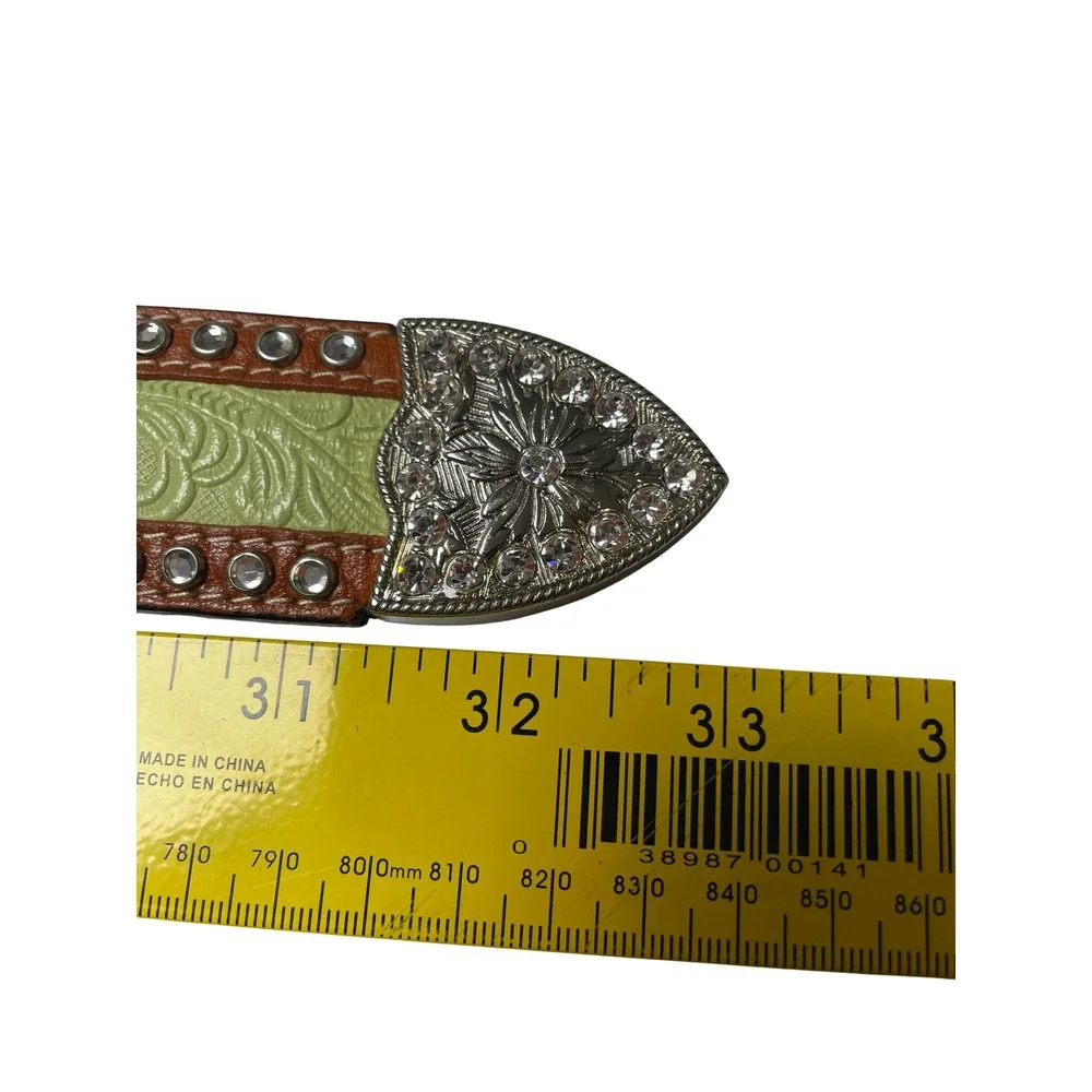 3D Belt Company Lime/Brown Geunine Leather Rhinestone Westen Belt Girls Youth L